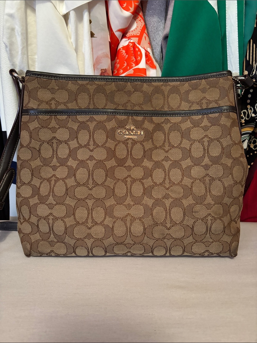Coach Signature Canvas Shoulder Bag in Brown and Dark Brown
